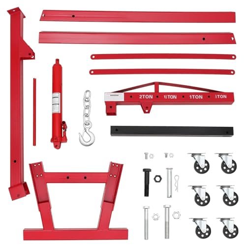 Image of 2-Ton Folding Engine Hoist Cherry Picker 44 Lb Capacity Hydraulic Shop Crane with Telescoping Boom 6 Caster Wheels for Automotive Repair Garage Use Includes Hitch and Storage Stand Red
