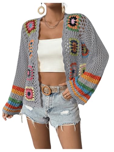 Image of SHENHE Women's Floral Crochet Cardigan Hollow Out Open Front Long Sleeve Cardigan Sweater