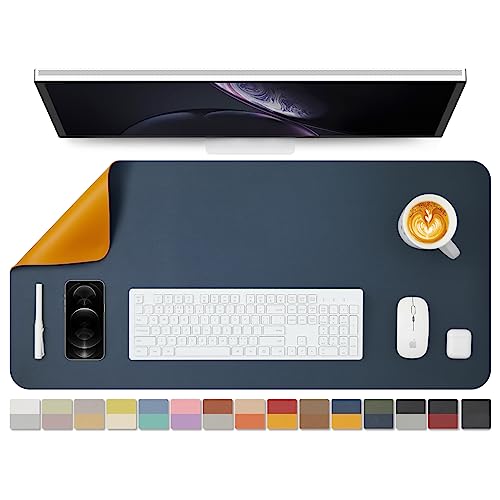 両面レザーデスクマット - オフィスや自宅用防水デスクパッド - デスクの整理のアクセサリー - 大きなマウスパッドやデスクマットとして使用するのに最適 (ダークブルー+イエロー 36インチ x 17インチ)