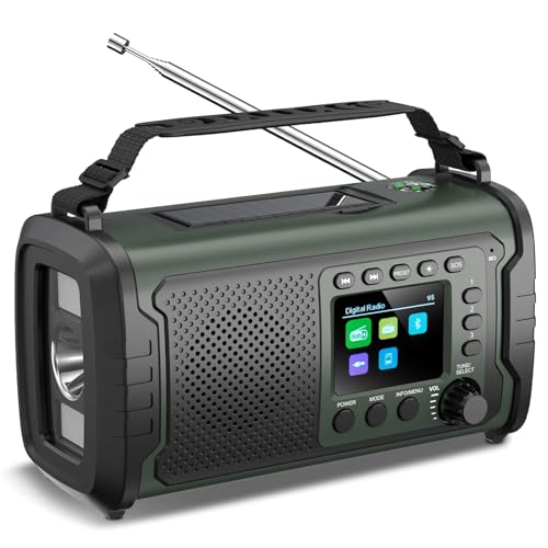 27000mAh DAB/DAB+ Notfallradio mit Kurbel, Solar & USB Laden, Bluetooth 5.3, Powerbank-Funktion, SOS Signal, Heller Taschenlampe, Leselampe, Kompass, TF-Karte und robustem Outdoor-Design, Armeegrün