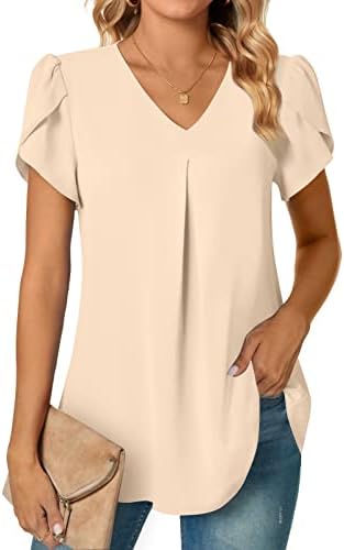 Anyally Womens Summer Dressy Chiffon Blouses V Neck Petal Short Sleeve Tunic Tops for Leggings Casual T-Shirts, L Khaki