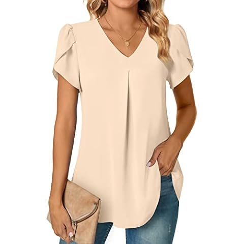 Anyally Womens Summer Dressy Chiffon Blouses V Neck Petal Short Sleeve Tunic Tops for Leggings Casual T-Shirts, XL Khaki Cover