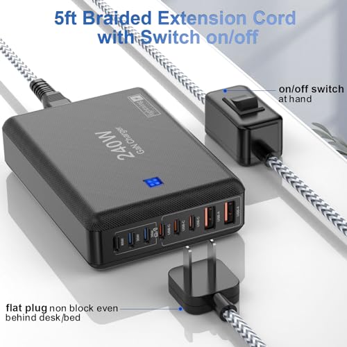 Bloco de carregador USB C 240W, estação de carregamento super rápido para iPhone/Samsung, adaptador
