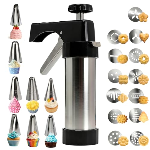 Stainless Steel Cookies Press,Cookie Press Gun Kit with 13 Cookie Discs and 8 Piping Tips for DIY Various Cookies Maker