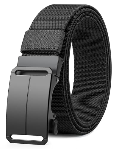 Justnard Stretch Ratchet Belt for Men Nylon Casual Web Tactical Work Mens Belt Adjustable Buckle Waist 25- 43 Black