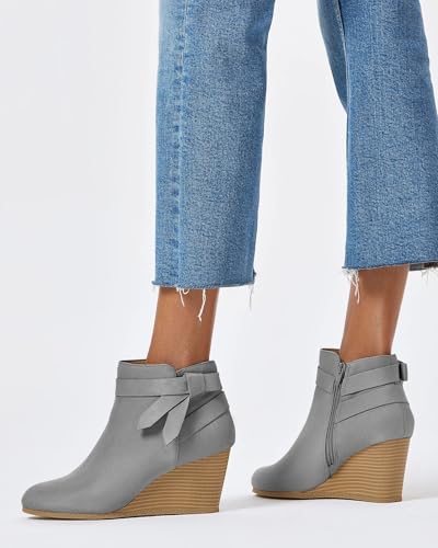 Coutgo Womens Wedge Booties Fall Ankle Boots Tie Knot Stacked Heeled Side Zipper Winter Dress Shoes2