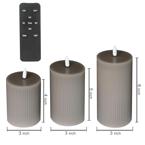 Image of 3 Pack Wax LED Flameless Candles with Remote Real Wax Battery Operated Electric Pillar Candle Set with Vertical Stripes 3D Black Wick for Home Party Wedding Decorations, Grey, D 3 x H 4 /5 /6 inch