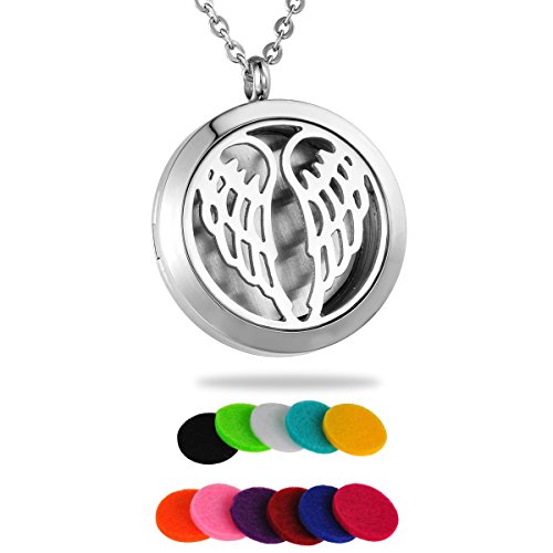 HooAMI Aromatherapy Essential Oil Diffuser Necklace - Stainless Steel Angel Wing Silver Locket Pendant