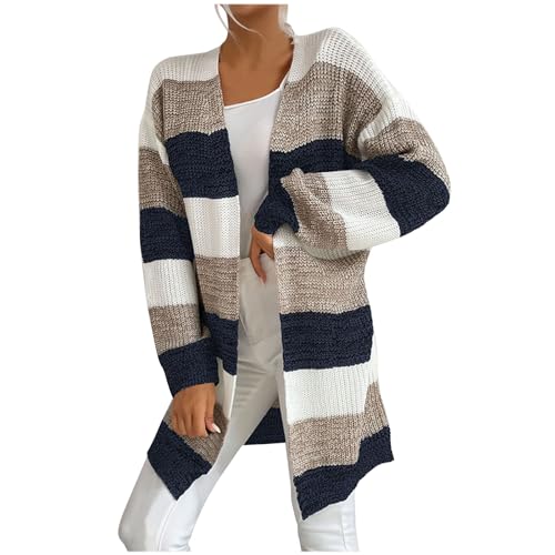 Women's Striped Cardigans Sweaters Long Sleeve Open Front Knit Cardigan Fashion Casual Medium Length Sweater(Navy,Large)
