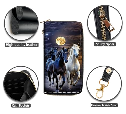 Running Horse Under The Moon Print Women Large Capacity PU Leather Zip Around Wallet, Multifunctional Clutch Purse for Cash/Card/Coin/Smart Phone4