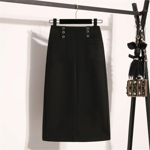 Women's Solid Color Button-Down High Waist Medium Length Straight Slim Fit Plus Size Woolen Skirt3