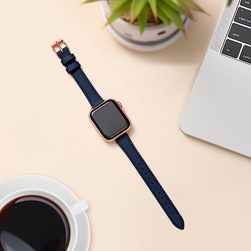 Image of STIROLL Slim Leather Bands Compatible with Apple Watch Band 49mm 46mm 45mm 44mm 42mm(Series 3 2 1), Top Grain Leather Watch Thin Wristband for iWatch Ultra SE Series 11 10 9 8 7 6 5 4(Navy Rose Gold)