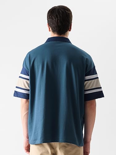 Image of The Souled Store Solids: Ocean Blue Colourblock Mens Oversized Fit Solid Half Sleeve Cotton Multicolored Oversized Polos