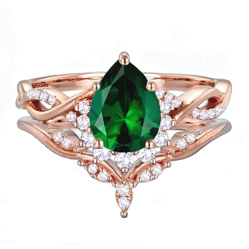 10K/14K/18K Gold 1 Carat Pear Cut Gemstone Vintage Engagement Rings Set for Women Birthstone Art Deco Engraved Bridal Wedding Promise Ring Sets for Her Wife Size 4~123