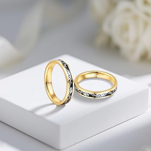 Tungsten Wedding Bands for Women, 4mm Imitated Meteorite Inlay Wedding Rings Classic Black & Gold Ring Comfort Fit Jewelry Gift for Her Size 5-104