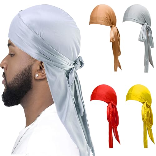 CINY Durag de Seda Satinado para Hombres y Mujeres, Gorro de Onda Sedoso Bandanas Piratas, Cabello con Cola Extra Larga y Correas Anchas（4 Piezas & Rojo + Plata + Amarillo + Caqui）