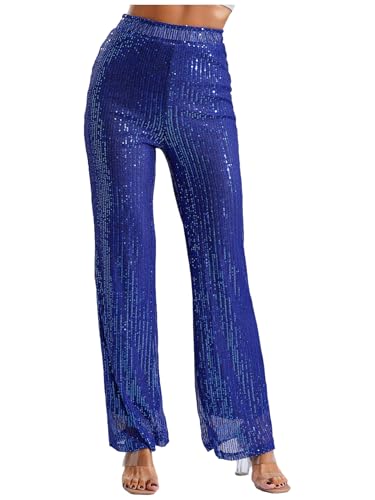 Womens Sparkle Sequin Loose Elastic High Waist Straight Leg Pants Night Out Trousers2