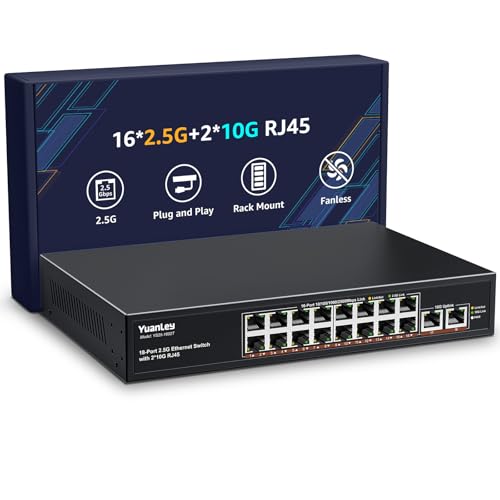 Image of YuanLey 18 Port Unmanaged 2.5G Ethernet Switch, 16 x 2.5G Base-T Ports and 2 x 10G RJ45 Ports, Metal Multi-Gigabit Network Switch Compatible with 100 /1000 /2500Mbps, Ideal for 2.5G /10G NAS, WiFi 6 AP