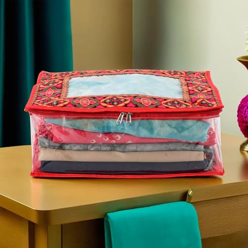 Image of Heart Home Saree Storage Bag | 6 Inch | Wardrobe for Lehenga-Suit | Garment Clothing Cover Lightweight-Portable Clothes| Chaudi Lace Printed | Red