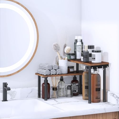 Image of ABJA Kitchen Counter Top Organizer, Shelf Rack for Kitchen Storage, Wooden Corner Shelf, 2 Tier Spice, Oil Stand, Tabletop Adjustable Rack for Makeup, Office (Rustic Brown, 2 Tier Corner Rack)