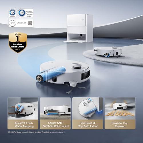 Image of DREAME Aqua10 Roller AE Robot Vacuum, Roller Mop Fresh Water Mopping, Carpet-Safe Roller Guard, Auto-Empty, 30,000Pa Suction, 212℉ Hot Water Mop Washing, Hot Air Drying, 100% Detangling, Voice Control