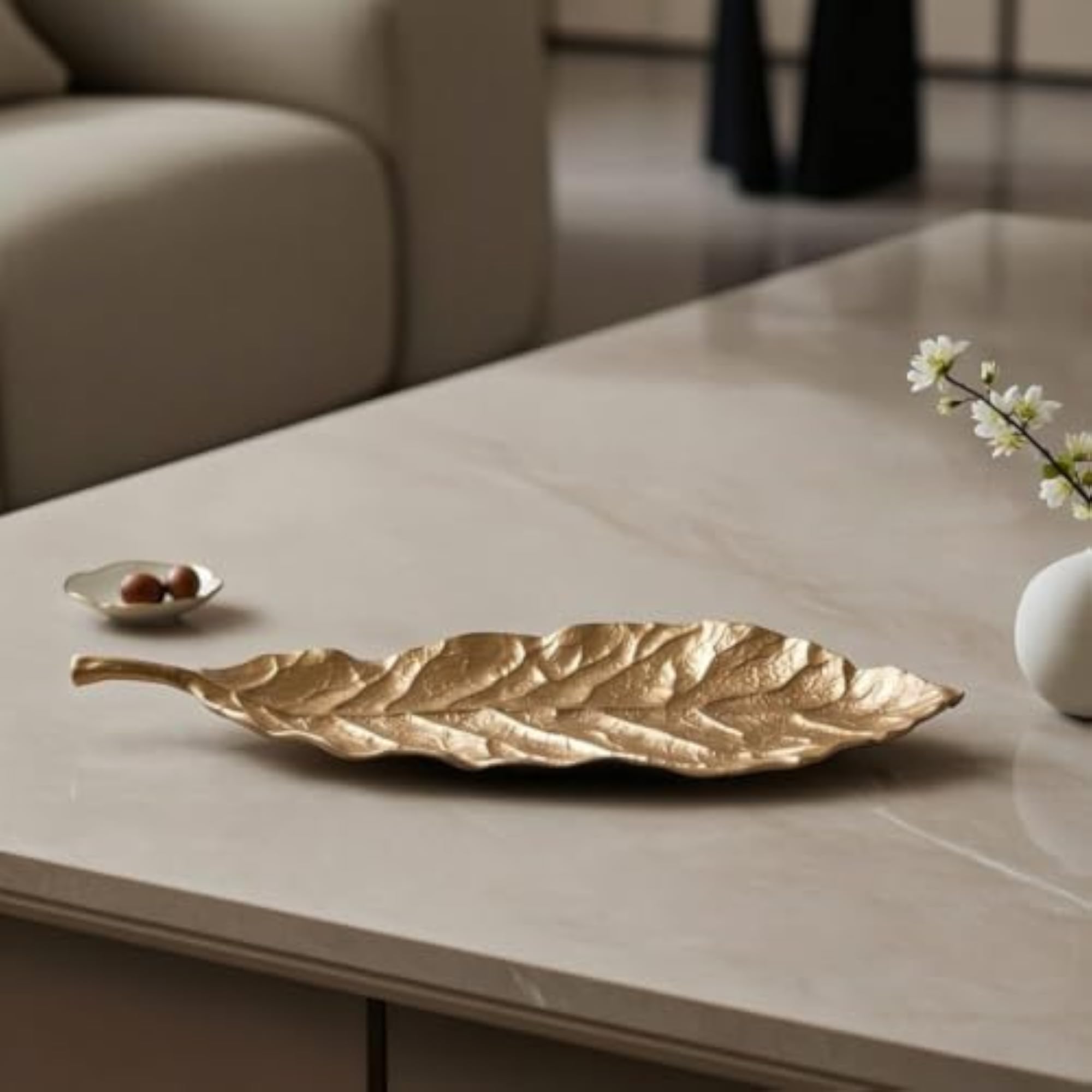 Cast Aluminum Leaf Tray, Textured Decorative Catchall for Coffee Table