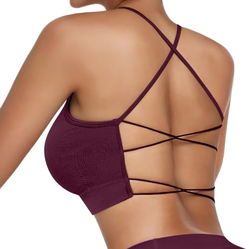 Vertvie Damen Sport BH Gepolstert Crossback Yoga Sports Bra Spaghettiträger Rücken Verkreuzt Gerippt Bustier Ohne Bügel Atmungsaktiv BH mit Abnehmbaren Cups(1pc: Weinrot,S)