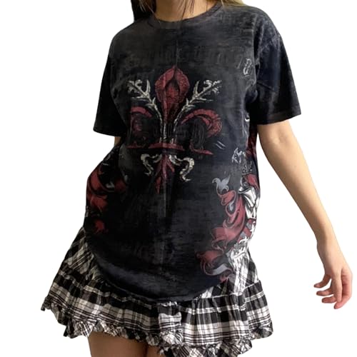 Y2k Fairy Grunge Clothes for Women Emo 2000s Skull Skeleton Print Tees Shirts Fairycore Vintage E-Girls Clothes