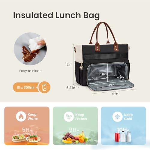Image of LOVEVOOK Lunch Bag for Women, Large Capacity Insulated Tote with Laptop Compartment, Leakproof Work Bag with Cup Holder for Nurse Teacher fit 15.6 Inch Laptop, Water Resistant Crossbody Handbag