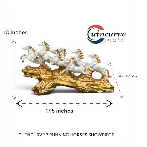 Image of 7 Running Horses Statue for Home Decor, White & Gold Resin Vastu Feng Shui Showpiece, Symbol of Prosperity, Decorative Gift for Living Room, Office, Housewarming, 17.5 Inch