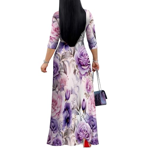 Plus Size Dresses for Women Floral Print Maxi Dress Flowy 3/4 Sleeve with Belt3