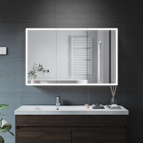 ELEGANT LED Bathroom Mirror Cabinet, Illuminated Wall Mounted Cabinet with Bluetooth Speaker and Shaver Socket Triple Door 1050 x 650mm Storage Cabinets