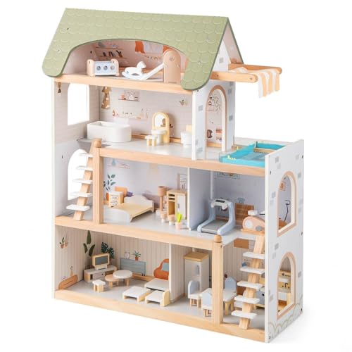 HONEY JOY Wooden Dollhouse, 4-Story Kids DIY Pretend Playhouse w/ 6 Rooms & 33 PCS Furniture Accessories, Modern Family Play House Toy w/Balcony & Pool for Girls & Boys Ages 3+, Green