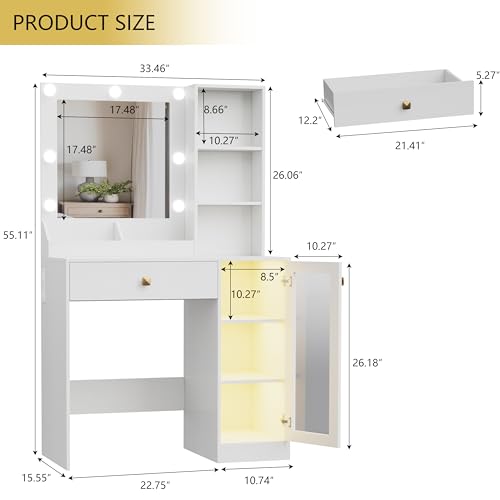 Image of Wodeer Small Makeup Vanity Desk with Mirror and Lights, Vanity with Glass Cabinet, LED Lights & Power Outlet, Drawer & RGB Glass Cabinets, Adjustable Lighted Dressing Table for Women & Girls Bedroom