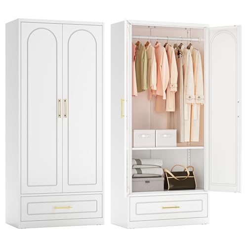 Polup Metal Wardrobe Closet with Drawer, 71\" Tall Armoire Wardrobe Closet with Hanging Rod, Freestanding Clothing Storage Cabinet with Doors, Large Wardrobes for Bedroom, White, Assembly Required
