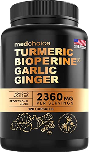 4-in-1 Turmeric Curcumin with Bioperine 2360mg (120ct) 95% Curcuminoids, Ginger Root, Garlic Pills, & Black Pepper - Curcumin Supplements for Joint, Digestion, & Immune Support