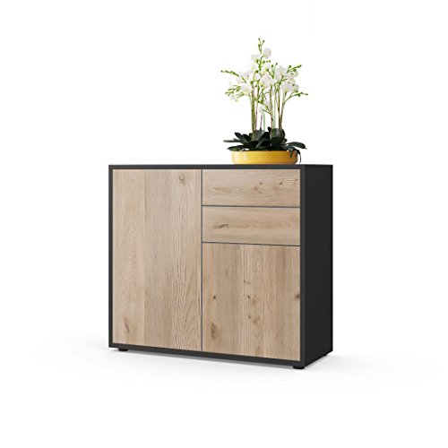 Vladon Cómoda Sideboard Ben, Cuerpo en Negro Mate/Frentes en Roble nórdico