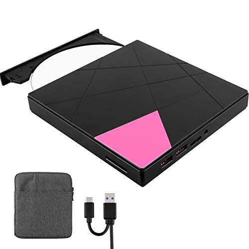 Externe DVD CD Laufwerk USB 3.0 mit Tragetasche, 3 in 1 Tragbar Slim DVD CD Brenner Player mit 2 USB Extra Anschlüsse und SD&TF Kartenleser für