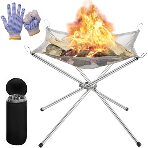 Portable Fire Pit for Camping, 56cm Outdoor Folding Firepit Fireplace with Heat Resistant Gloves & Carrying Bag, Stainless Steel Mesh BBQ Fire Bowl for Picnics, Bonfire, Patio (Sliver, Large)