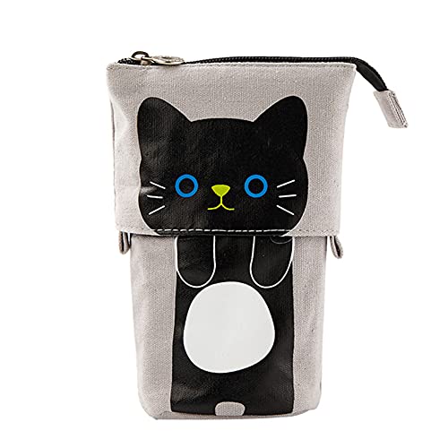 LOVECENTRAL Trousse à crayons télescopique avec dessin de chat, joli porte-crayons en toile ou en pain, sac de cosmétiques, sac de papeterie avec fermeture éclair pour enfants et adultes (chat noir) Cover