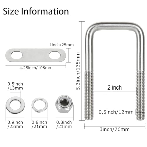 Image of 4Pack U Bolts Square U Bolts 2-1 /16 inch Inner Width Stainless Steel Boat Trailer U-Bolt with Washers and Nuts, Replacement Parts and Accessories for Automobiles Trailer, Ski Boat, or Sailboat Trailers