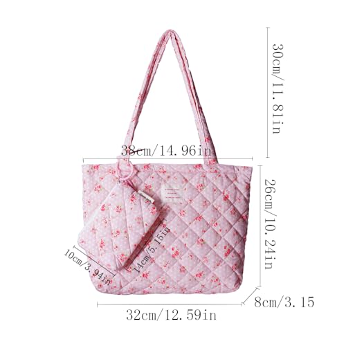 Floral Quilted Cotton Shoulder Bag Set 2-in-1 Handbag with Matching Mini Pouch Large Capacity Tote for Women A0542