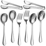 Stainless Steel Flatware Serving Utensils Large Serving Spoon Set of 9.45 Inch Metal Tongs 9 Inch Serving Forks 8.7 Inch Slotted Spoons 8.7 Inch Serving Spoons for Kitchen (Silver, 8)