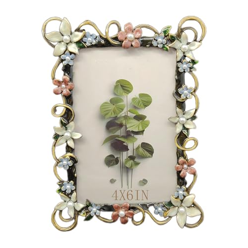 PYOAGT Vintage 4X6 Floral Picture Frames Luxury Unique Ornate Antique Metal Photo Frame of HD Glass for Tabletop/Wall Display Wedding Gifts for Women (Retro White Lace)