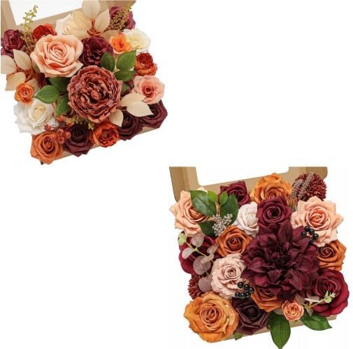Serwalin Flores artificiales naranja burdeos, flores de otoño, flores falsas de boda, flores de torta para ramos de boda, centros de mesa de