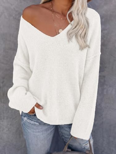 BTFBM Women's Loose Knitted Casual Sweaters,White,XL — view 5