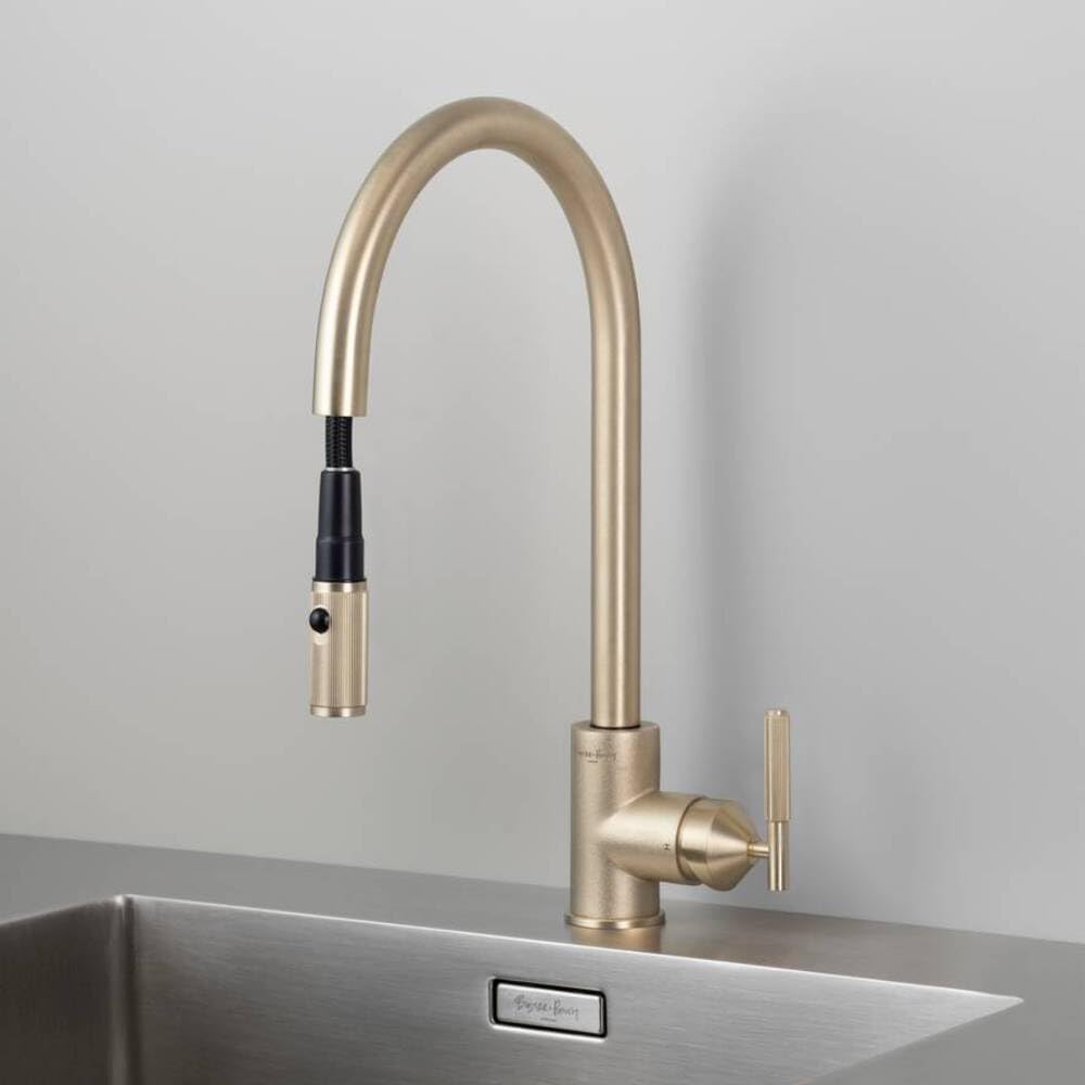 Buster and Punch Kitchen Faucet Pull-Out with Dual Spray Linear Knurl Gun Metal Solid Metal