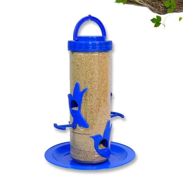 Image of Amijivdaya Medium Hanging Bird Feeder for Garden Balcony | 4 Feeding Ports | 700g Seed Capacity | Food-Grade Plastic | Easy Refill & Weatherproof (Blue, Pack of 1)