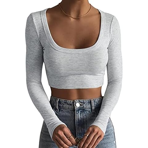 WPNAKS Womens Going Out Long Sleeve Slim Fit Basic Crop Top Y2k Fitted Tee Shirt Skinny Tight T-Shirt Streetwear A Grey Cover