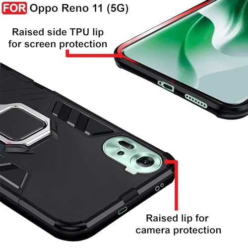 Image of CEDO Kickstand Cover for Oppo Reno 11 (5G) Rugged Case | Built-in Stand Rotating Ring Holder | Military Grade Armor Bumper Back Cover (Black)
